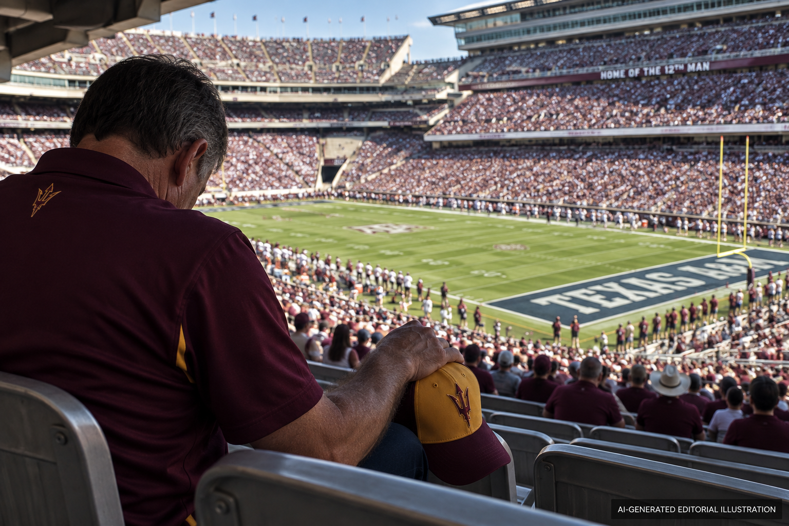 An Arizona State fan watches from the stands at Kyle Field as the Sun Devils fall to Texas A&M.