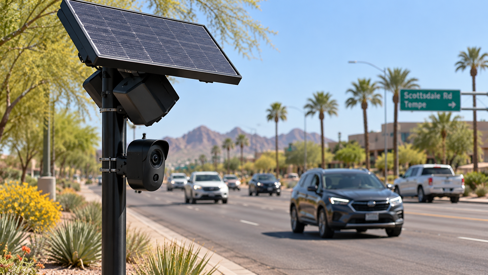 Flock Safety license-plate camera mounted roadside, illustrative image.