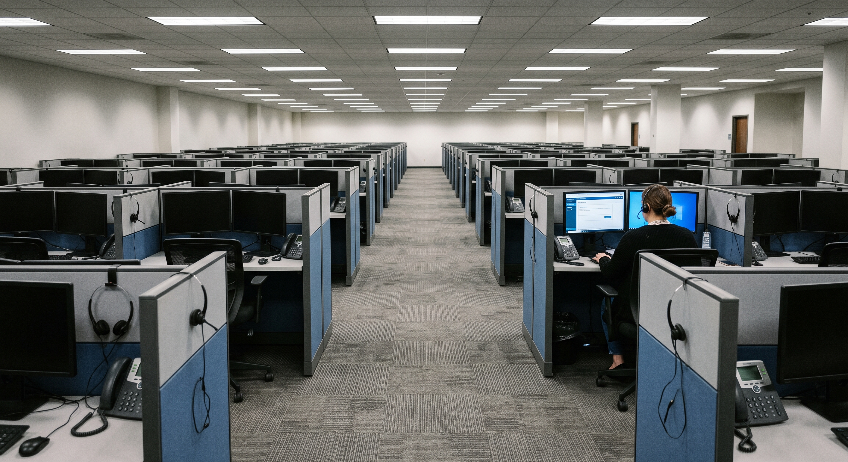 A nearly empty call-center floor in the Phoenix area — one of the largest concentrations of customer-service employment in the country.