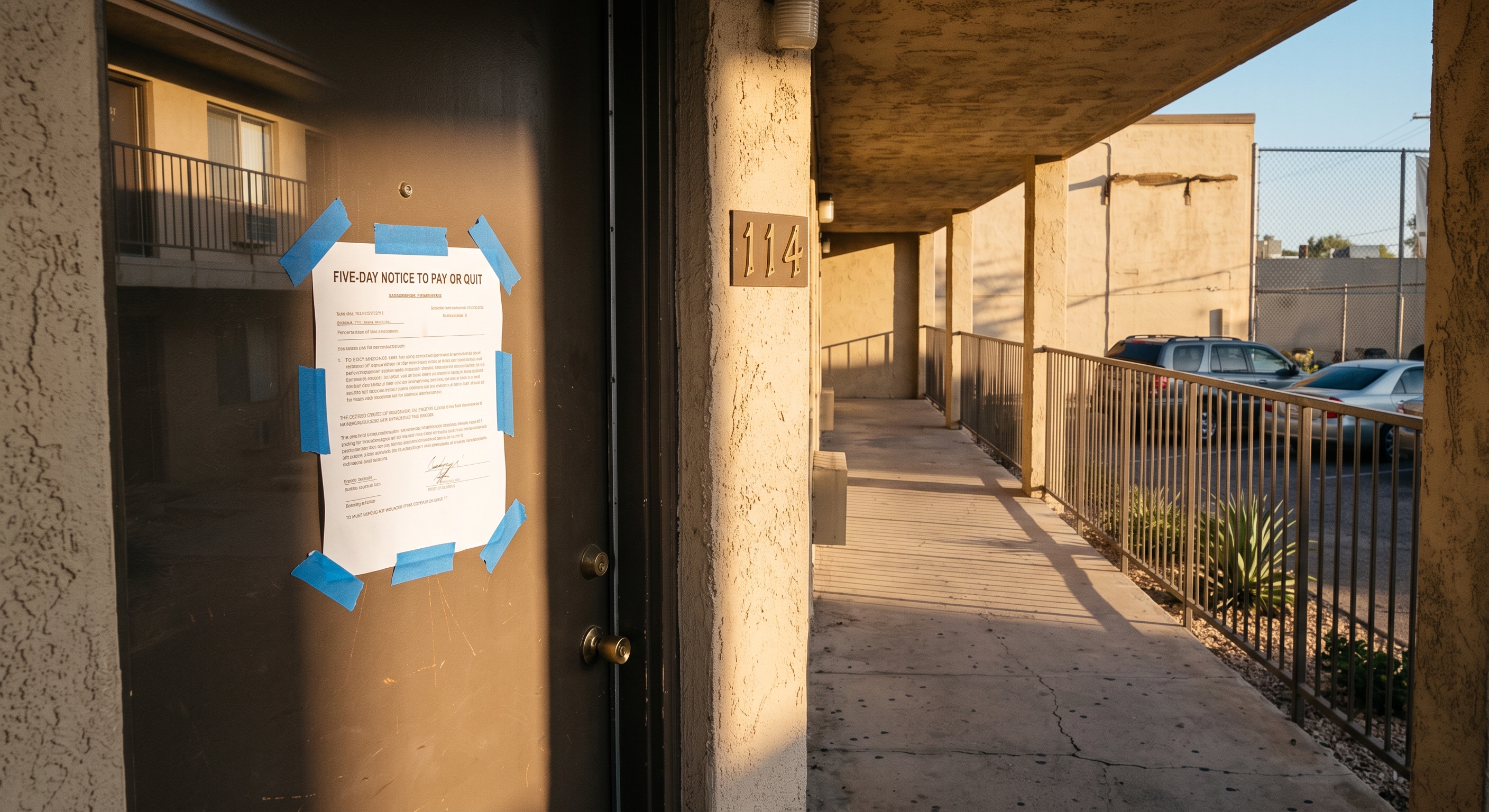 A five-day notice to pay or quit taped to the door of apartment 114 in a Maricopa County complex. Landlords filed more than 84,000 eviction cases in the Phoenix area during the most recent 12-month period tracked by Princeton's Eviction Lab.