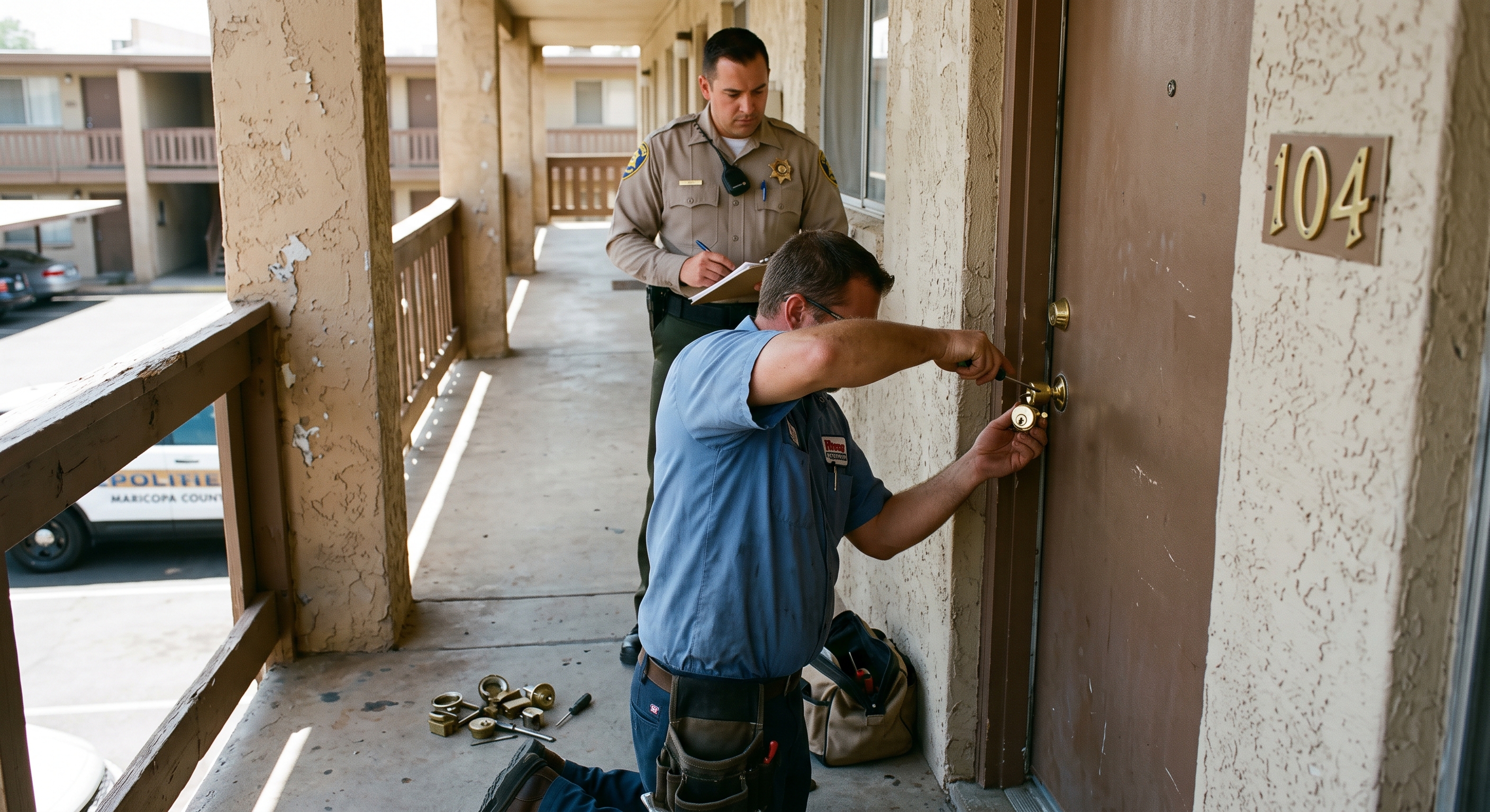 A Maricopa County constable supervises a lockout during an eviction. Arizona law requires a constable to be present when a tenant is physically removed.